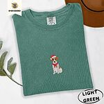 Light Green Comfort Colors T-shirt embroidered with a mini Jack Russell Terrier puppy in a red Santa hat and a knitted red scarf