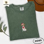 Moss Comfort Colors T-shirt embroidered with a mini Jack Russell Terrier puppy in a red Santa hat and a knitted red scarf