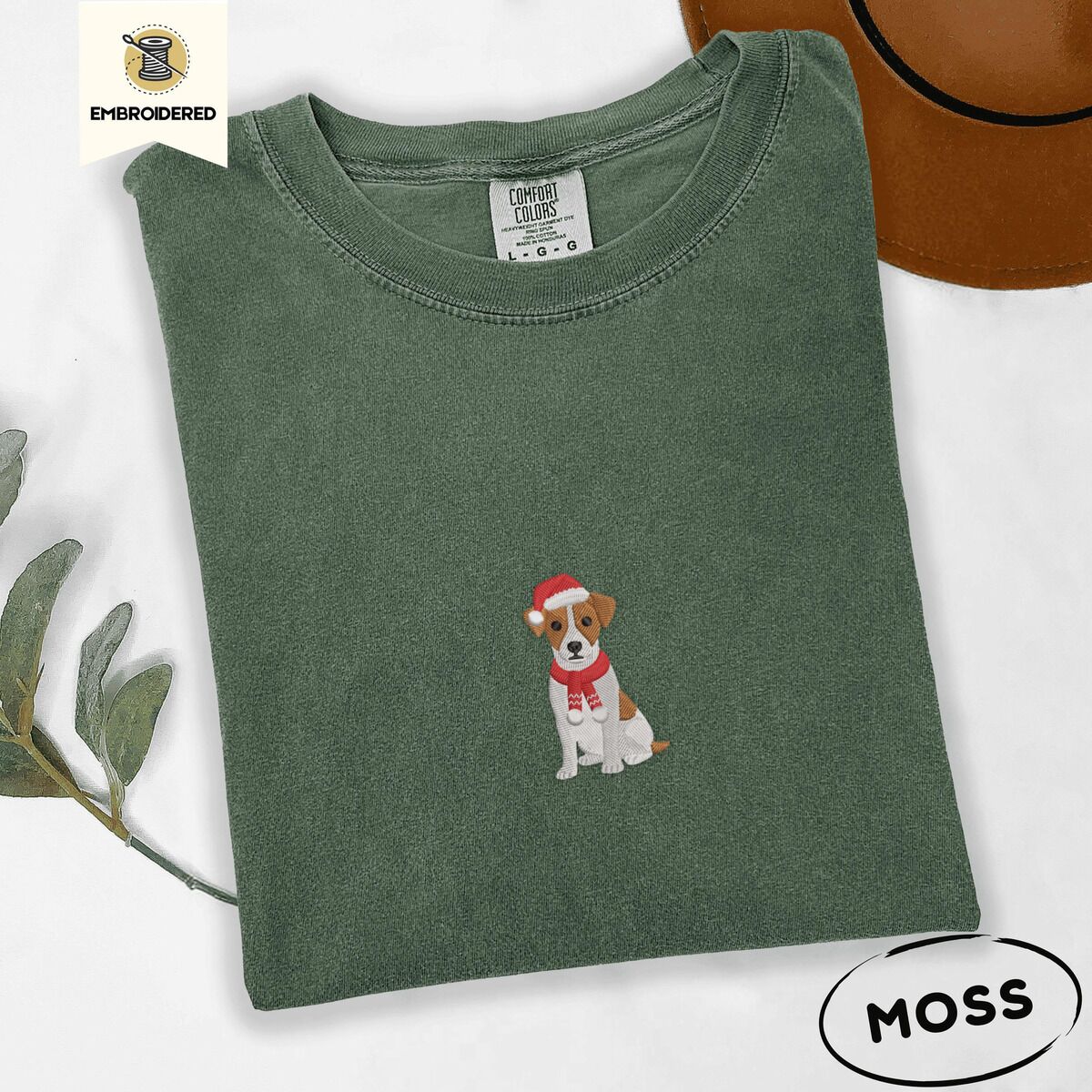 Jack Russell Santa Hat Shirt – Moss Moss Comfort Colors T-shirt embroidered with a mini Jack Russell Terrier puppy in a red Santa hat and a knitted red scarf