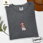 Pepper Comfort Colors T-shirt embroidered with a mini Jack Russell Terrier puppy in a red Santa hat and a knitted red scarf