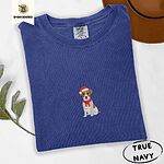 True Navy Comfort Colors T-shirt embroidered with a mini Jack Russell Terrier puppy in a red Santa hat and a knitted red scarf