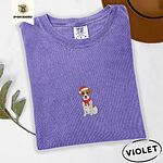 Violet Comfort Colors T-shirt embroidered with a mini Jack Russell Terrier puppy in a red Santa hat and a knitted red scarf