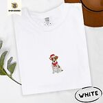 White Comfort Colors T-shirt embroidered with a mini Jack Russell Terrier puppy in a red Santa hat and a knitted red scarf