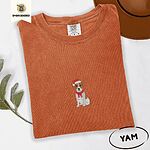 Yam Comfort Colors T-shirt embroidered with a mini Jack Russell Terrier puppy in a red Santa hat and a knitted red scarf