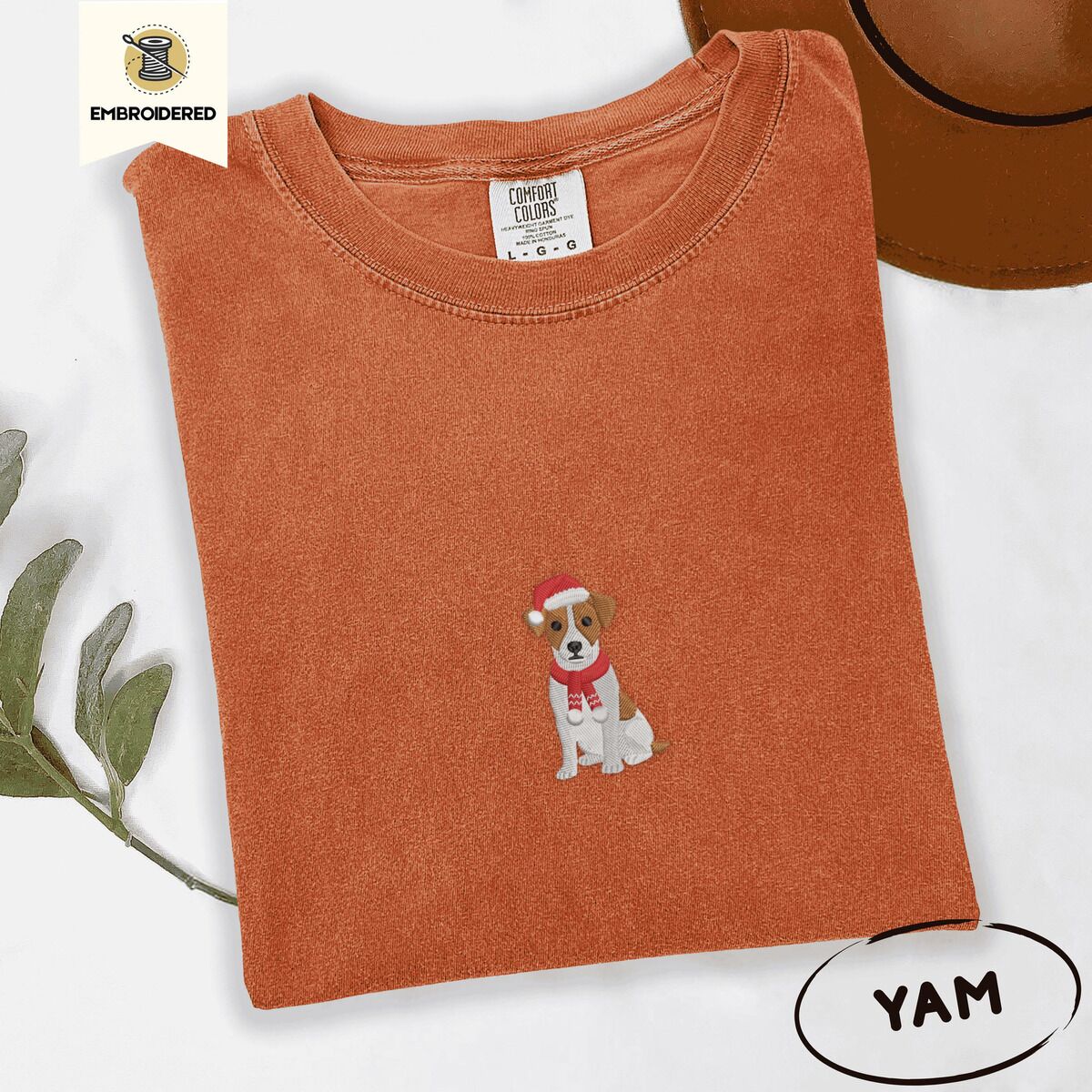 Jack Russell Santa Hat Shirt – Yam Yam Comfort Colors T-shirt embroidered with a mini Jack Russell Terrier puppy in a red Santa hat and a knitted red scarf