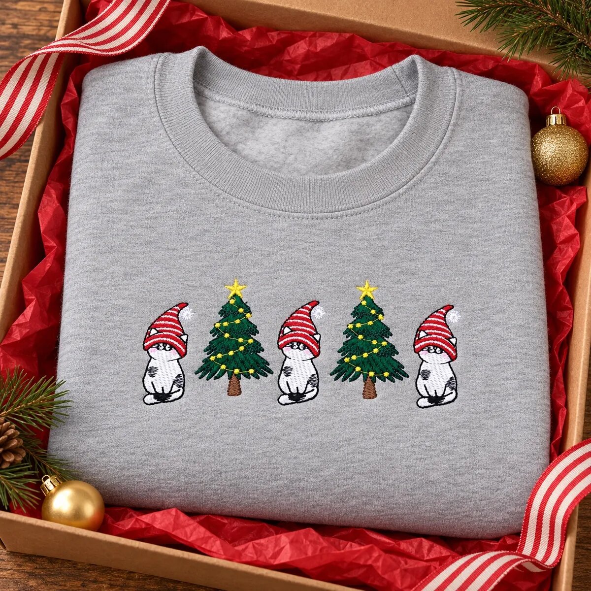 Kitty Christmas Sweater in a Gift Box Kitty Christmas sweater gift: Sport Grey gnome cat sweatshirt folded in a gift box with red tissue paper