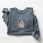 Dark Heather crewneck sweatshirt laid flat on a white background, embroidered with a ghost lab mom holding a coffee cup and a jack-o'-lantern pail beside a tan lab in a ghost sheet with its own pumpkin pail