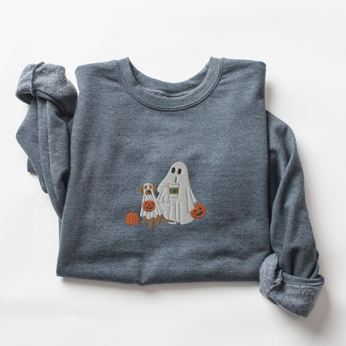 Lab Mom Ghost Sweatshirt – Dark Heather Dark Heather crewneck sweatshirt laid flat on a white background, embroidered with a ghost lab mom holding a coffee cup and a jack-o'-lantern pail beside a tan lab in a ghost sheet with its own pumpkin pail