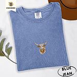 Blue Jean Comfort Colors T-shirt embroidered with a copper and cream longhorn steer head with long curved horns