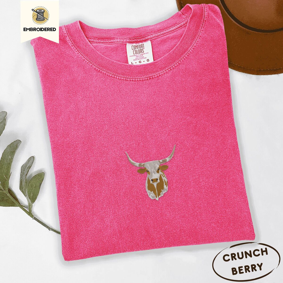 Longhorn Cow Shirt – Crunchberry Crunchberry Comfort Colors T-shirt embroidered with a copper and cream longhorn steer head with long curved horns