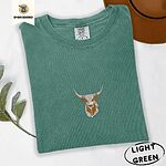 Light Green Comfort Colors T-shirt embroidered with a copper and cream longhorn steer head with long curved horns