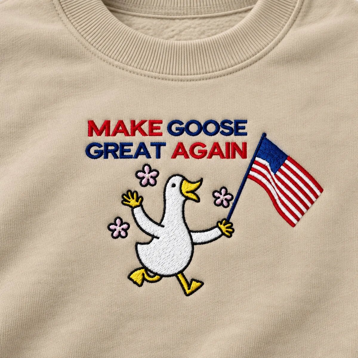 Make Goose Great Again Embroidery – Detail Detail of the red and blue Make Goose Great Again letters and the embroidered goose with an American flag