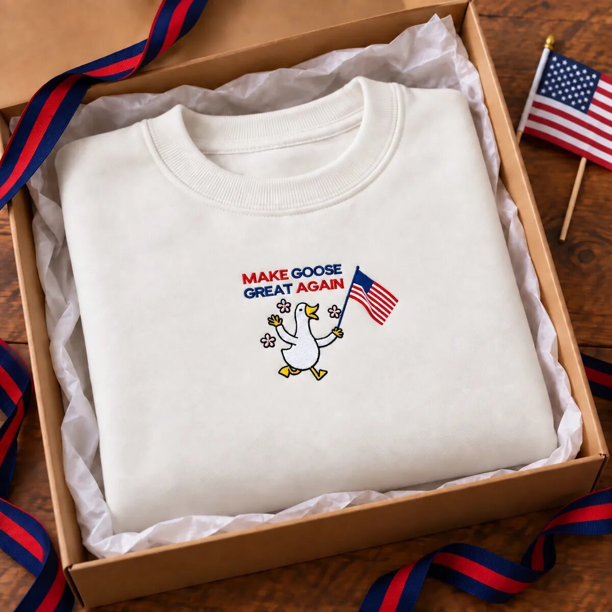 Make Goose Great Again Sweatshirt in a Gift Box White Make Goose Great Again sweatshirt folded in a kraft gift box with a red and navy ribbon