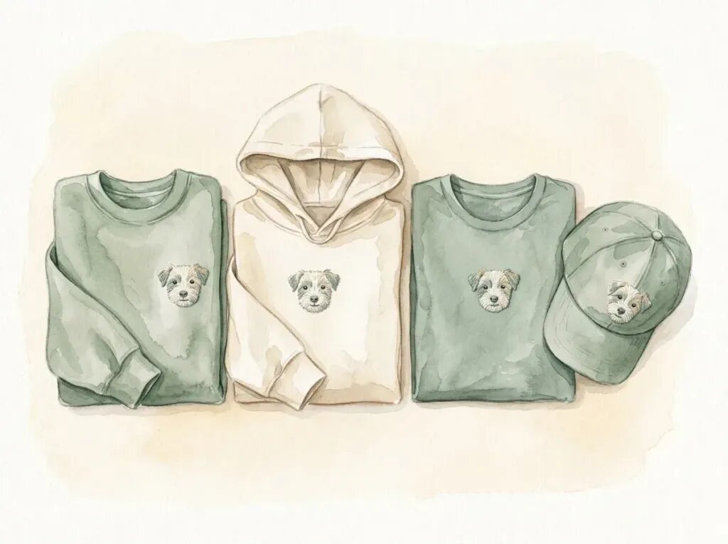 Gentle illustration of four garment formats, a sweatshirt, a hoodie, a T-shirt, and a baseball cap, each with a small stitched dog face
