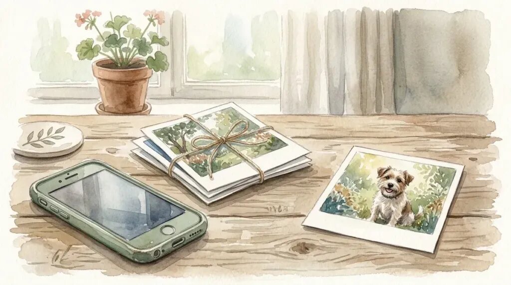 Gentle illustration of pet photos spread on a wooden table, printed snapshots and a phone, with one dog photo set apart in soft window light