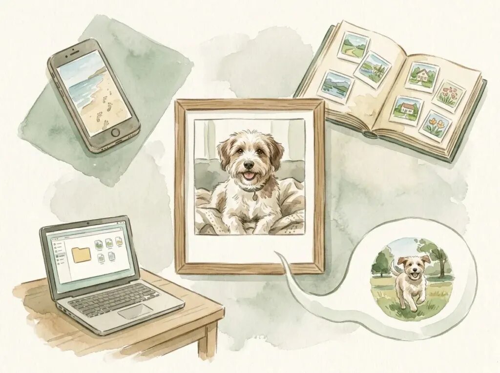 Gentle illustration of photo sources for a pet: a phone, a photo album, a laptop folder, and a message bubble arranged around a framed dog snapshot