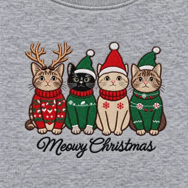 Close-up of the embroidered cats in Christmas sweaters, antlers and Santa hats above the Meowy Christmas script