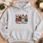 Meowy Christmas cat embroidery on an Ash grey hoodie
