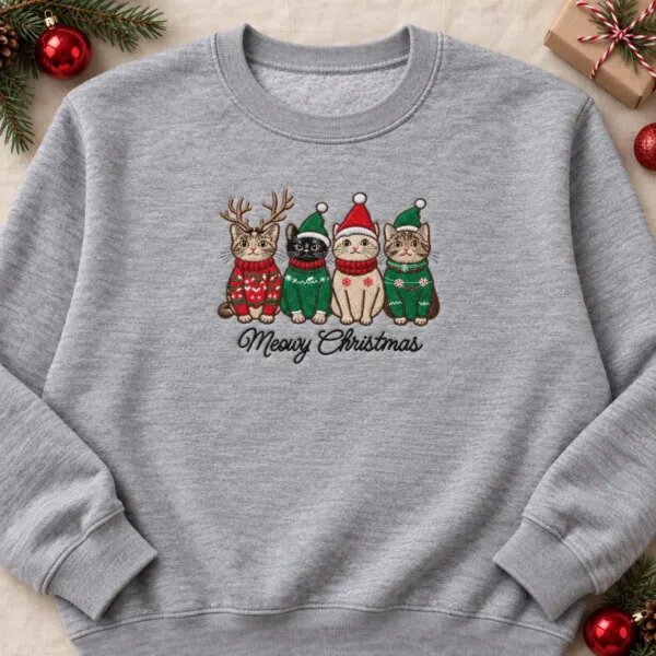 Embroidered Meowy Christmas sweatshirt in Sport Grey with four cats in Christmas sweaters and hats across the chest