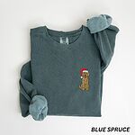 Blue Spruce crewneck sweatshirt laid flat, embroidered with a small goldendoodle sitting in a Santa hat on the left chest
