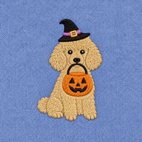 Close-up of the embroidered Miniature Poodle in a witch hat with a jack-o'-lantern candy bucket