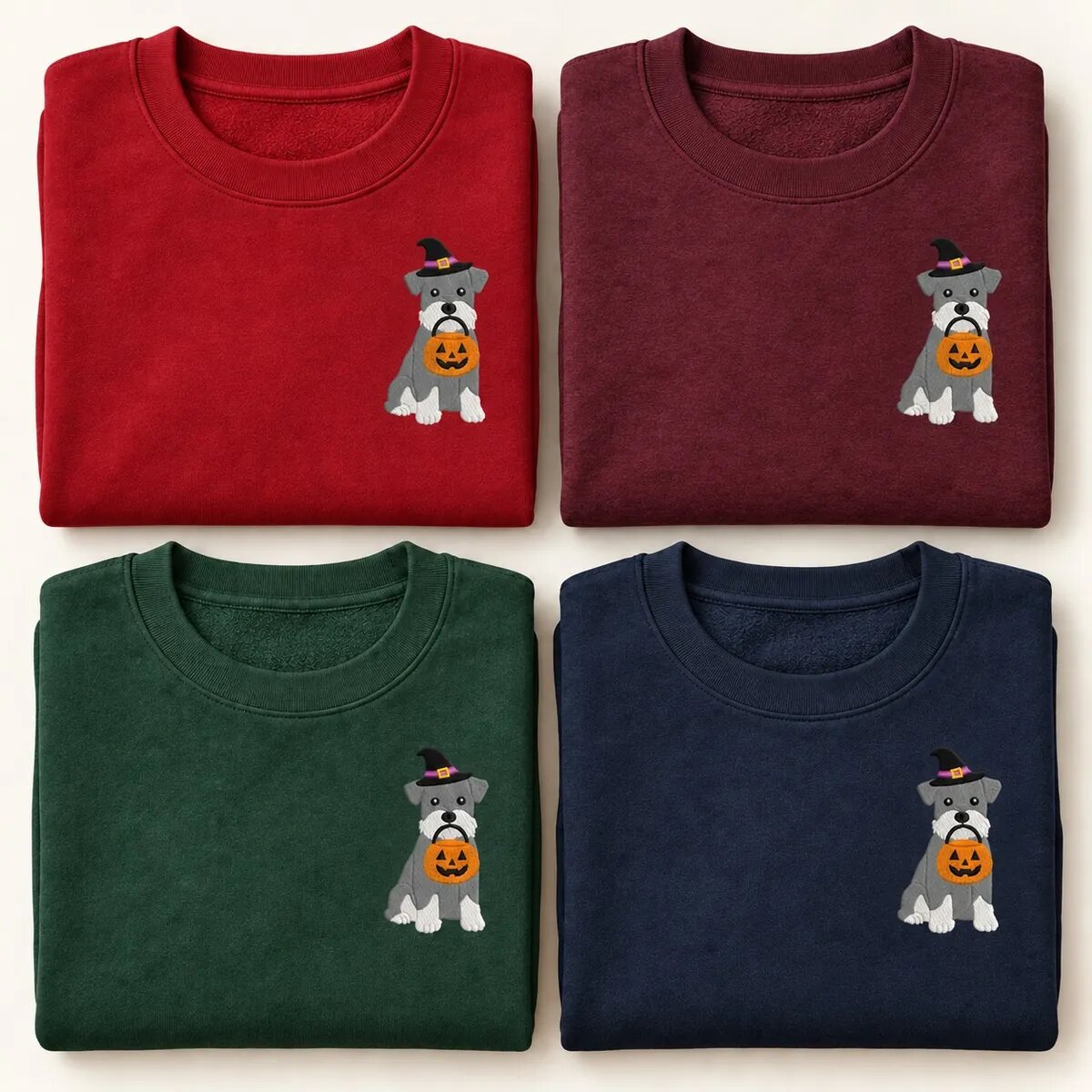 Miniature Schnauzer Halloween Sweatshirt Colors Miniature Schnauzer Halloween sweatshirt in Red, Maroon, Forest Green and Navy
