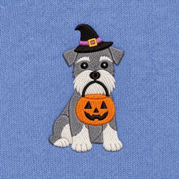 Close-up of the embroidered Miniature Schnauzer in a witch hat with a jack-o'-lantern candy bucket