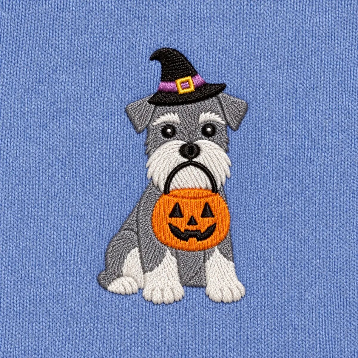 Miniature Schnauzer Witch Hat Embroidery Close-up Close-up of the embroidered Miniature Schnauzer in a witch hat with a jack-o'-lantern candy bucket