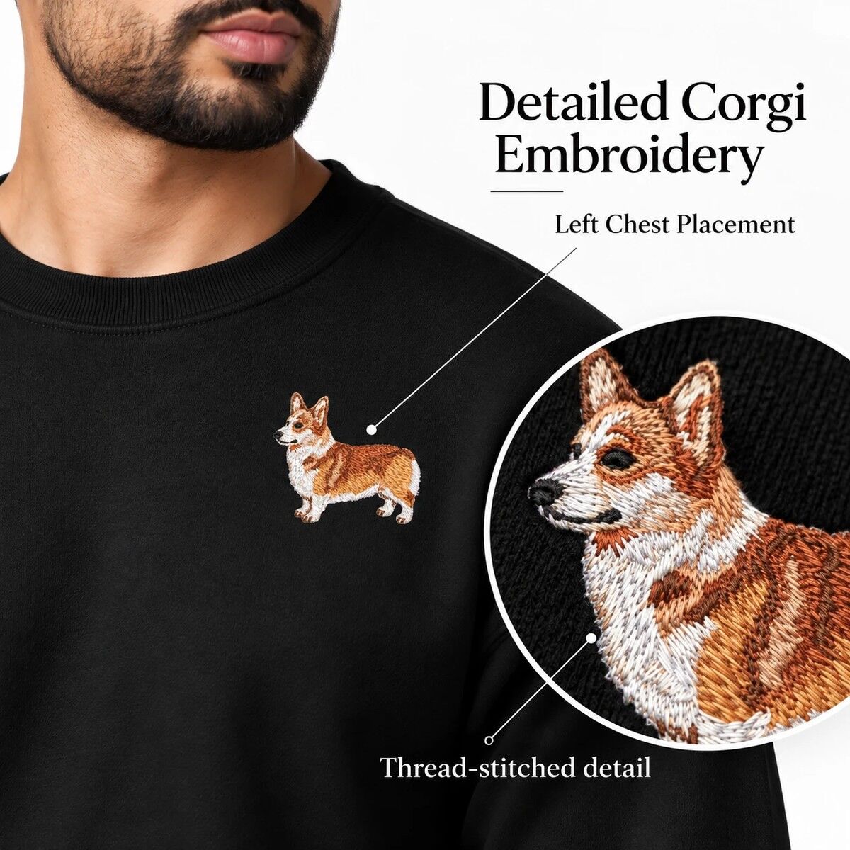 Pembroke Corgi Embroidery Closeup Close-up of the embroidered Pembroke Welsh corgi on the left chest of a black sweatshirt, with a zoomed view of the thread-stitched face