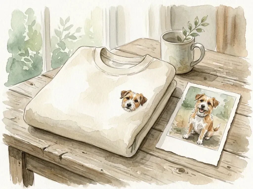Gentle illustration of a stitched portrait of a dog on the chest of a folded sweatshirt beside the printed snapshot it was made from
