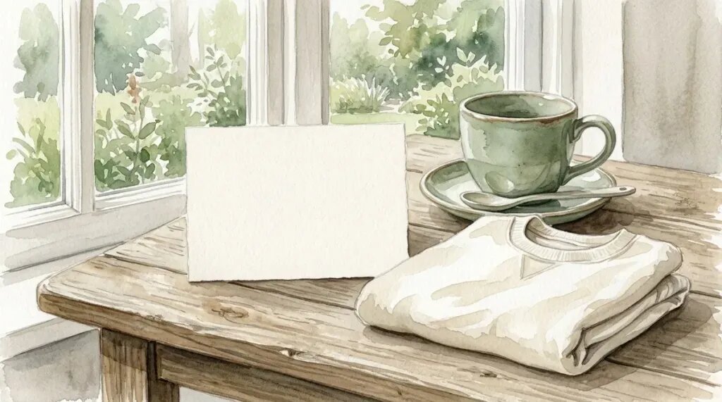 Gentle illustration of a blank sympathy card on a wooden table beside a ceramic cup and a folded cream sweatshirt in soft window light