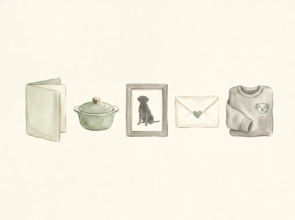 Gentle illustration of five sympathy gestures in a row: a card, a covered dish, a framed picture with a dog silhouette, a plain envelope with a heart, and a folded sweatshirt with a stitched pet face