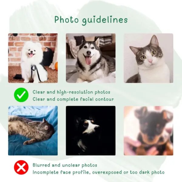 Photo guidelines for a custom pet portrait: clear, high-resolution photos with the full face visible; avoid blurry, dark or partial photos