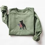 Military Green crewneck sweatshirt laid flat, embroidered with a black pit bull standing behind a stars-and-stripes flag