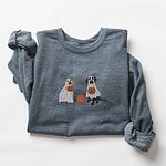 Dark Heather crewneck sweatshirt laid flat on a white background, embroidered with a pit bull and a black lab in ghost sheets holding jack-o'-lantern buckets