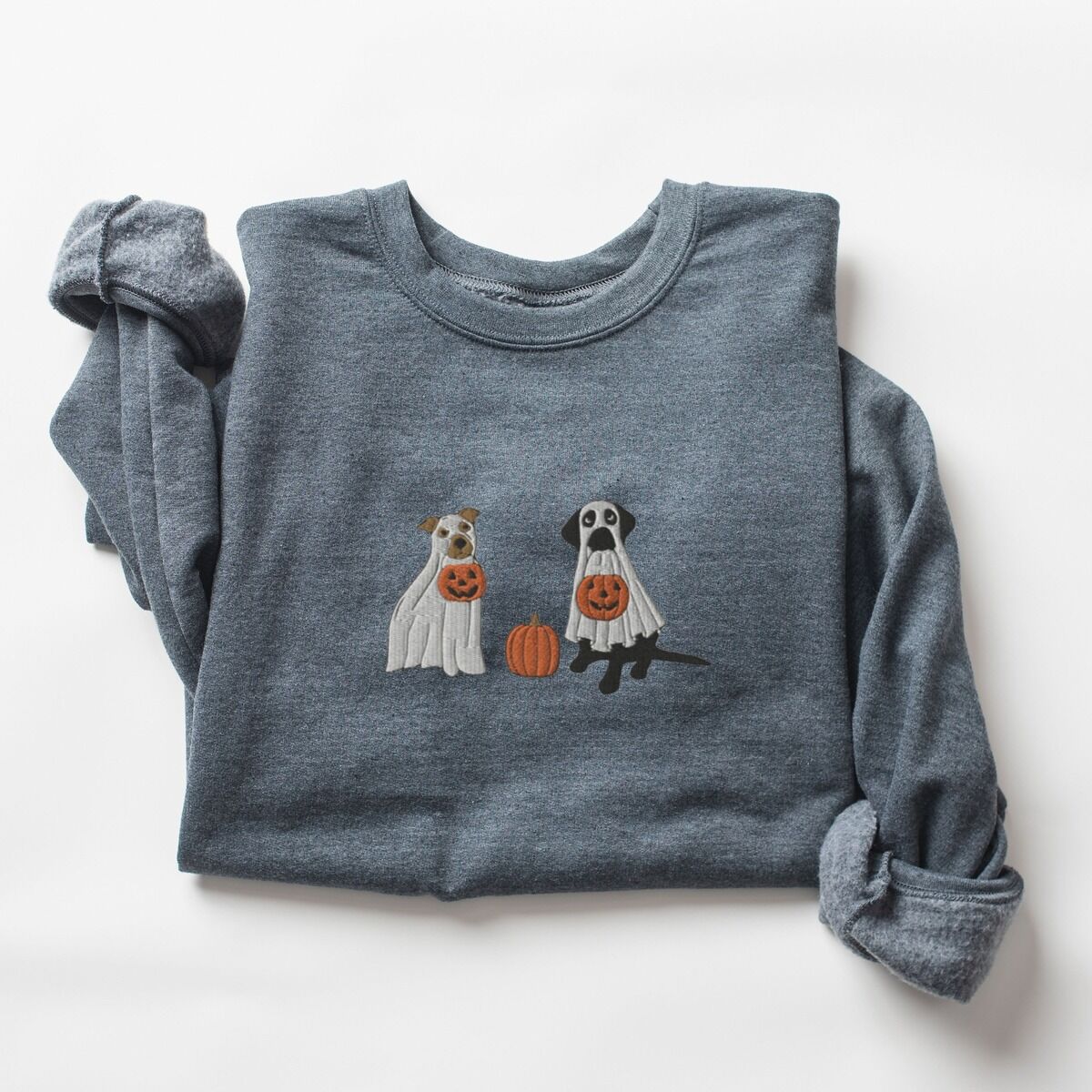 Pitbull and Black Lab Sweatshirt – Dark Heather Dark Heather crewneck sweatshirt laid flat on a white background, embroidered with a pit bull and a black lab in ghost sheets holding jack-o'-lantern buckets