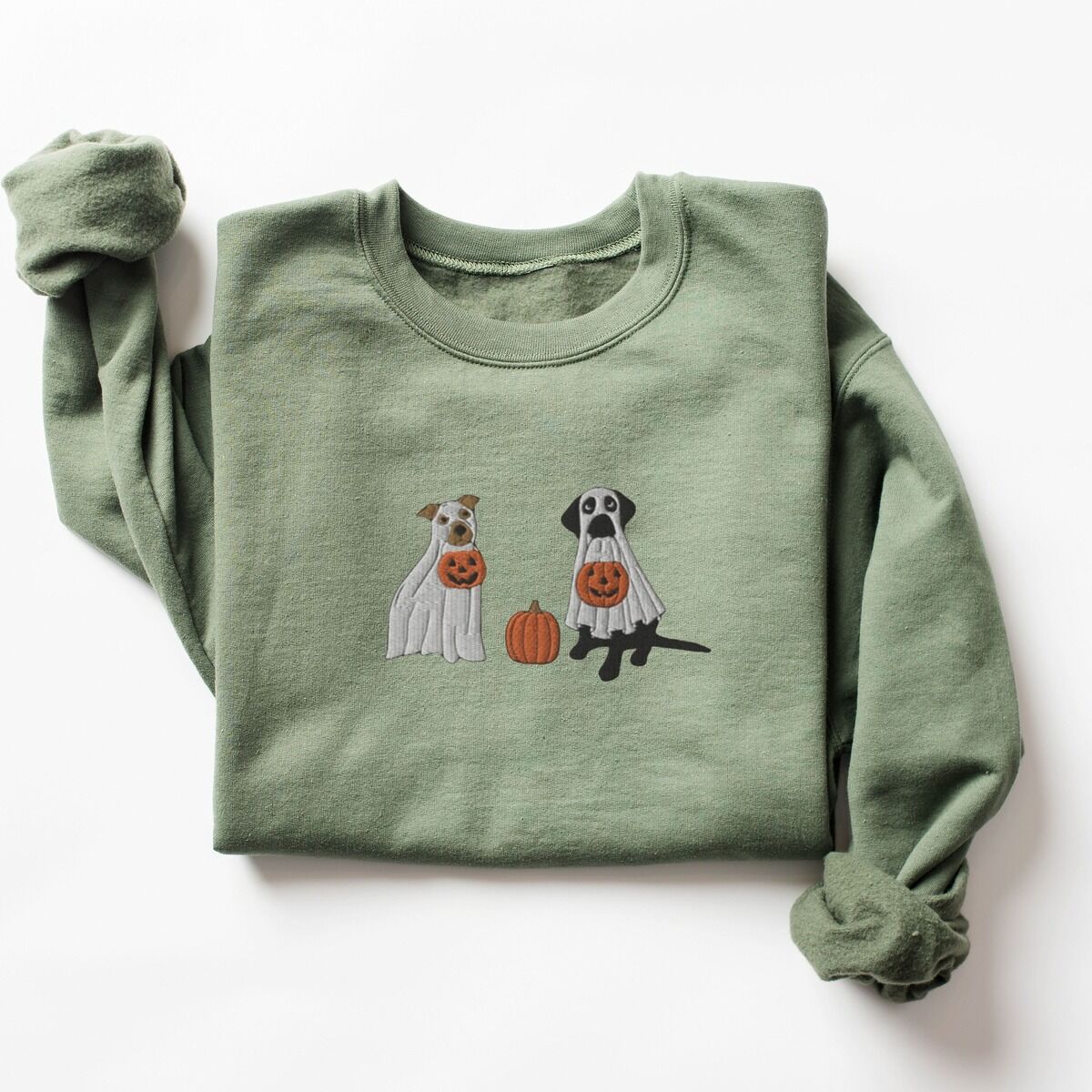 Pitbull and Black Lab Sweatshirt – Military Green Military Green crewneck sweatshirt laid flat on a white background, embroidered with a pit bull and a black lab in ghost sheets holding jack-o'-lantern buckets
