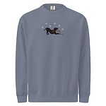Blue Jean crewneck sweatshirt shown flat on a white background, embroidered with a black pitbull silhouette in a play bow with a red scarf, holding a string of Christmas lights under white snowflakes