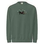 Blue Spruce crewneck sweatshirt shown flat on a white background, embroidered with a black pitbull silhouette in a play bow with a red scarf, holding a string of Christmas lights under white snowflakes