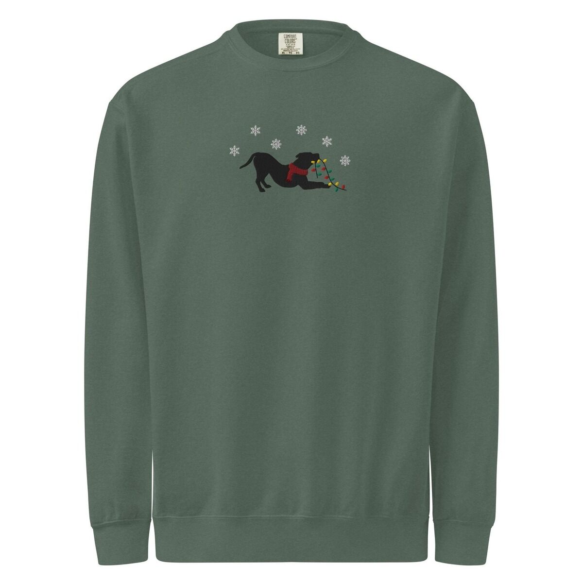 Pitbull Christmas Lights Sweatshirt – Blue Spruce Blue Spruce crewneck sweatshirt shown flat on a white background, embroidered with a black pitbull silhouette in a play bow with a red scarf, holding a string of Christmas lights under white snowflakes