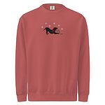 Crimson crewneck sweatshirt shown flat on a white background, embroidered with a black pitbull silhouette in a play bow with a red scarf, holding a string of Christmas lights under white snowflakes