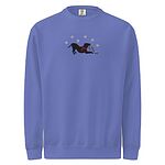 Flo Blue crewneck sweatshirt shown flat on a white background, embroidered with a black pitbull silhouette in a play bow with a red scarf, holding a string of Christmas lights under white snowflakes