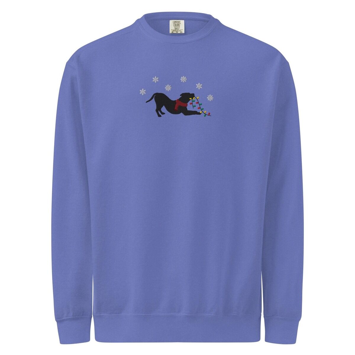 Pitbull Christmas Lights Sweatshirt – Flo Blue Flo Blue crewneck sweatshirt shown flat on a white background, embroidered with a black pitbull silhouette in a play bow with a red scarf, holding a string of Christmas lights under white snowflakes