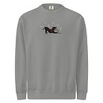 Grey crewneck sweatshirt shown flat on a white background, embroidered with a black pitbull silhouette in a play bow with a red scarf, holding a string of Christmas lights under white snowflakes