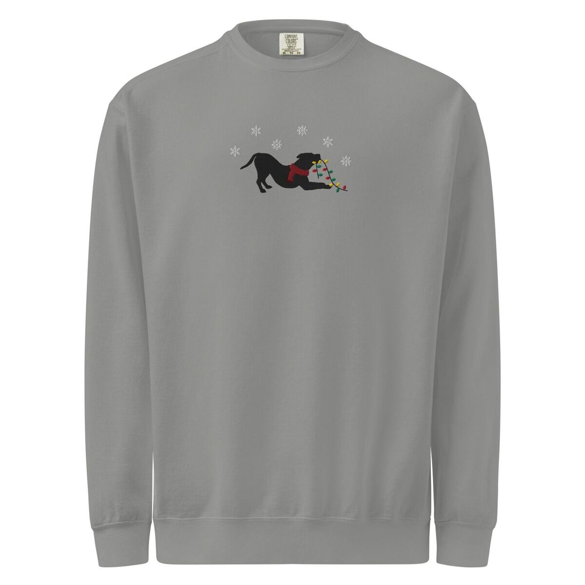 Pitbull Christmas Lights Sweatshirt – Grey Grey crewneck sweatshirt shown flat on a white background, embroidered with a black pitbull silhouette in a play bow with a red scarf, holding a string of Christmas lights under white snowflakes