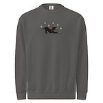 Pepper crewneck sweatshirt shown flat on a white background, embroidered with a black pitbull silhouette in a play bow with a red scarf, holding a string of Christmas lights under white snowflakes