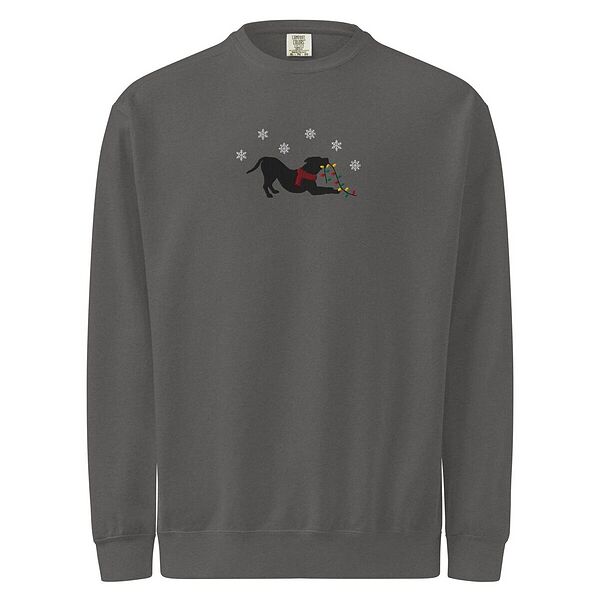 Pepper crewneck sweatshirt shown flat on a white background, embroidered with a black pitbull silhouette in a play bow with a red scarf, holding a string of Christmas lights under white snowflakes