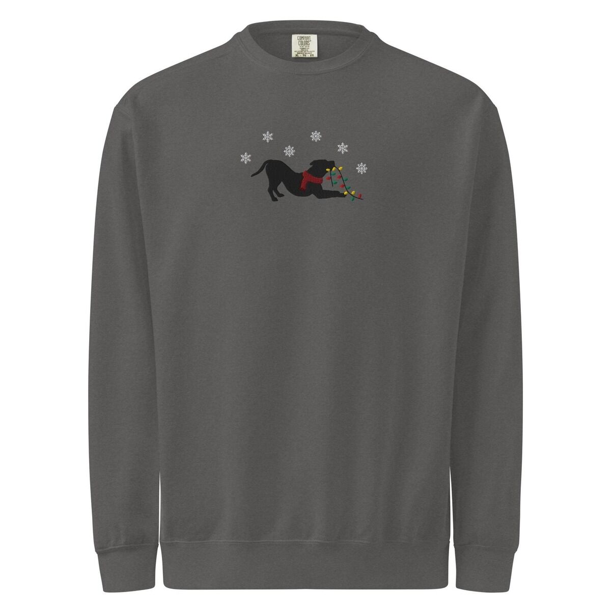 Pitbull Christmas Lights Sweatshirt – Pepper Pepper crewneck sweatshirt shown flat on a white background, embroidered with a black pitbull silhouette in a play bow with a red scarf, holding a string of Christmas lights under white snowflakes