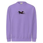 Violet crewneck sweatshirt shown flat on a white background, embroidered with a black pitbull silhouette in a play bow with a red scarf, holding a string of Christmas lights under white snowflakes