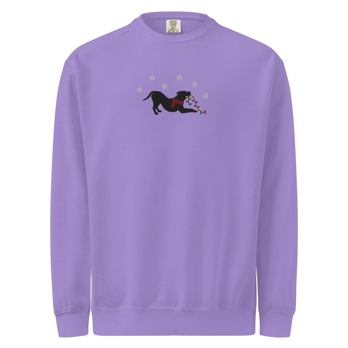 Pitbull Christmas Lights Sweatshirt – Violet Violet crewneck sweatshirt shown flat on a white background, embroidered with a black pitbull silhouette in a play bow with a red scarf, holding a string of Christmas lights under white snowflakes